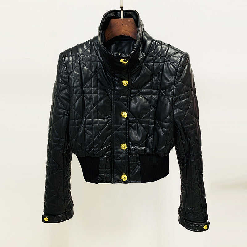 Goods Star Locomotive Slim Fit Waistline Plaid Short Leather Jacket Coat Wanita Store