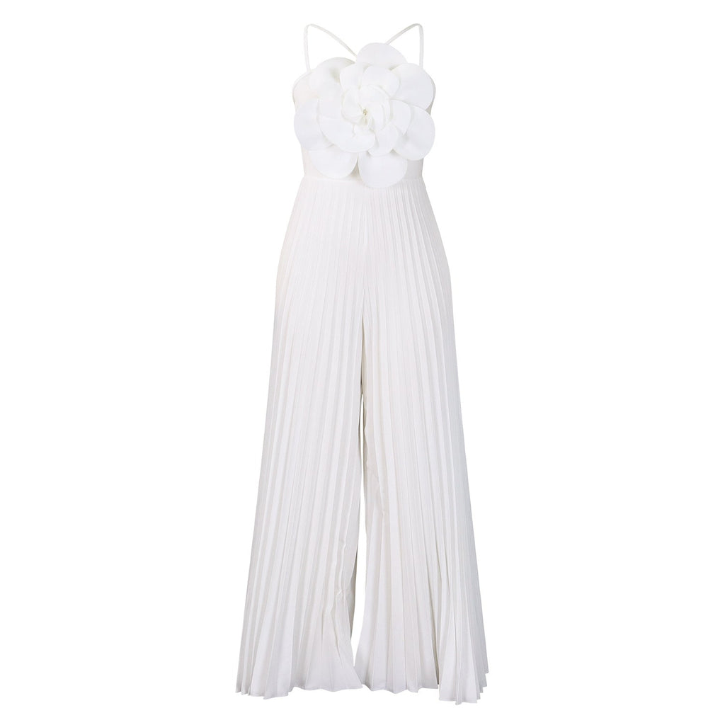Women Clothing Summer Halter Three Dimensional Floral Solid Color Wide Leg plus Size Jumpsuit