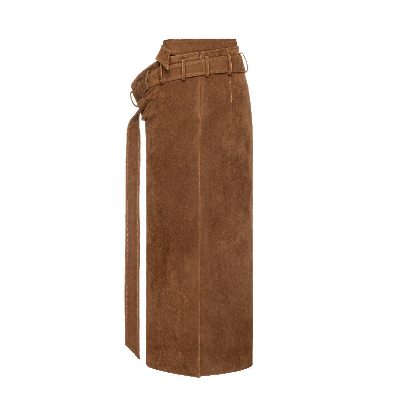 Asymmetric Belted Midi Pencil Skirt