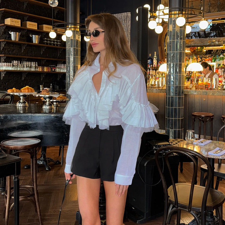 French Ruffle Polo Collar Long Sleeve Office Shirt Bella Mia