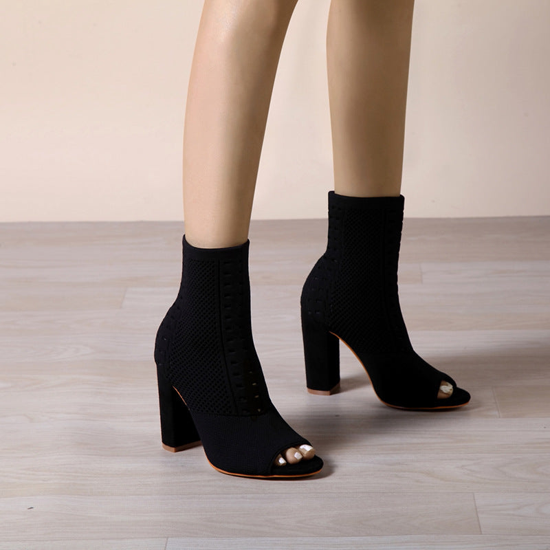 Knitted Peep Toe Chunky Heel Sandals