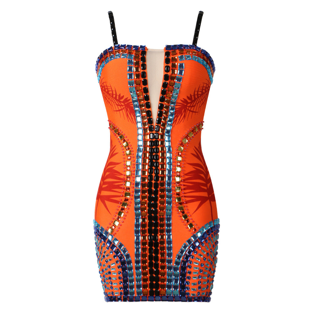 Star Sexy Heavy Industry Beads Printed Mesh V neck Strap Tube Top Backless Bandage One Piece Dress