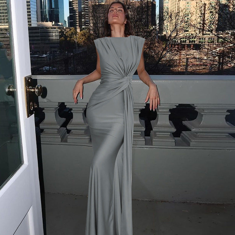 Women Clothing Winter Slim Pleated Solid Color Sleeveless Dress Women