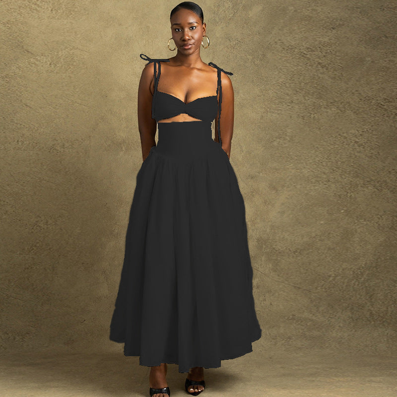 Women Clothing Solid Color Dress off the Shoulder Strap Sleeveless Large Dress