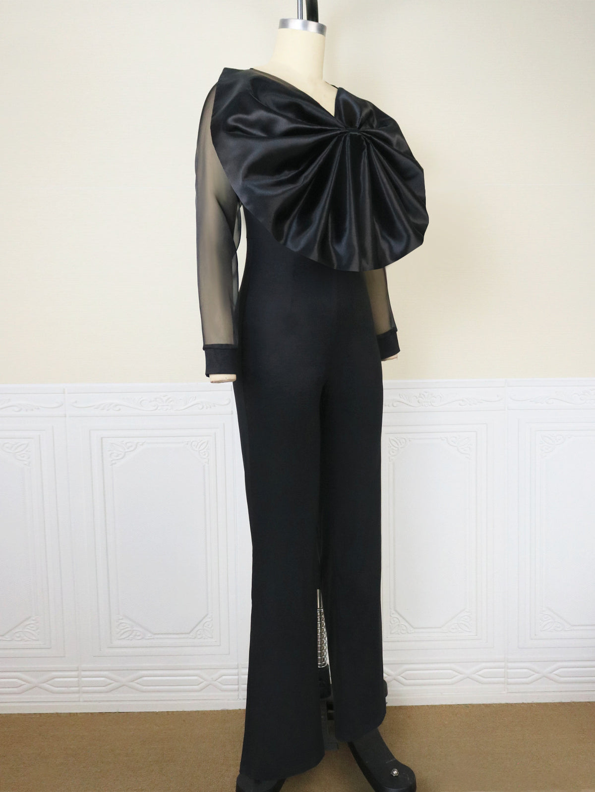 Spring V neck Tramsparent Yarn Long Sleeve High Waist Jumpsuit Casual Office Women Jumpsuit
