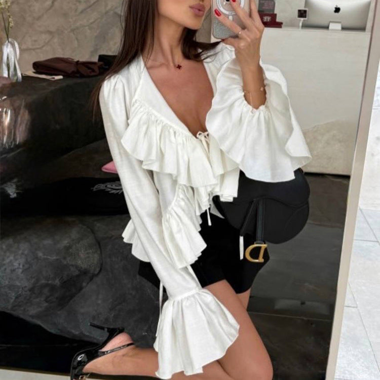 Ruffle Flare Sleeve Tie Neck All-Match Shirt Bella Mia