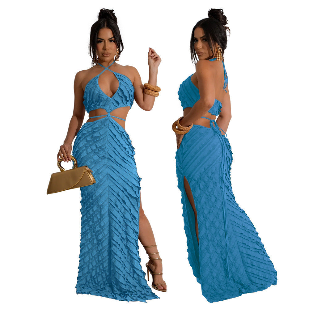 Halter Lace-Up Backless Cutout Bodycon Maxi Dress