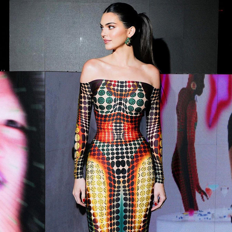 Abstract Print Off-Shoulder Long Sleeve Bodycon Maxi Dress