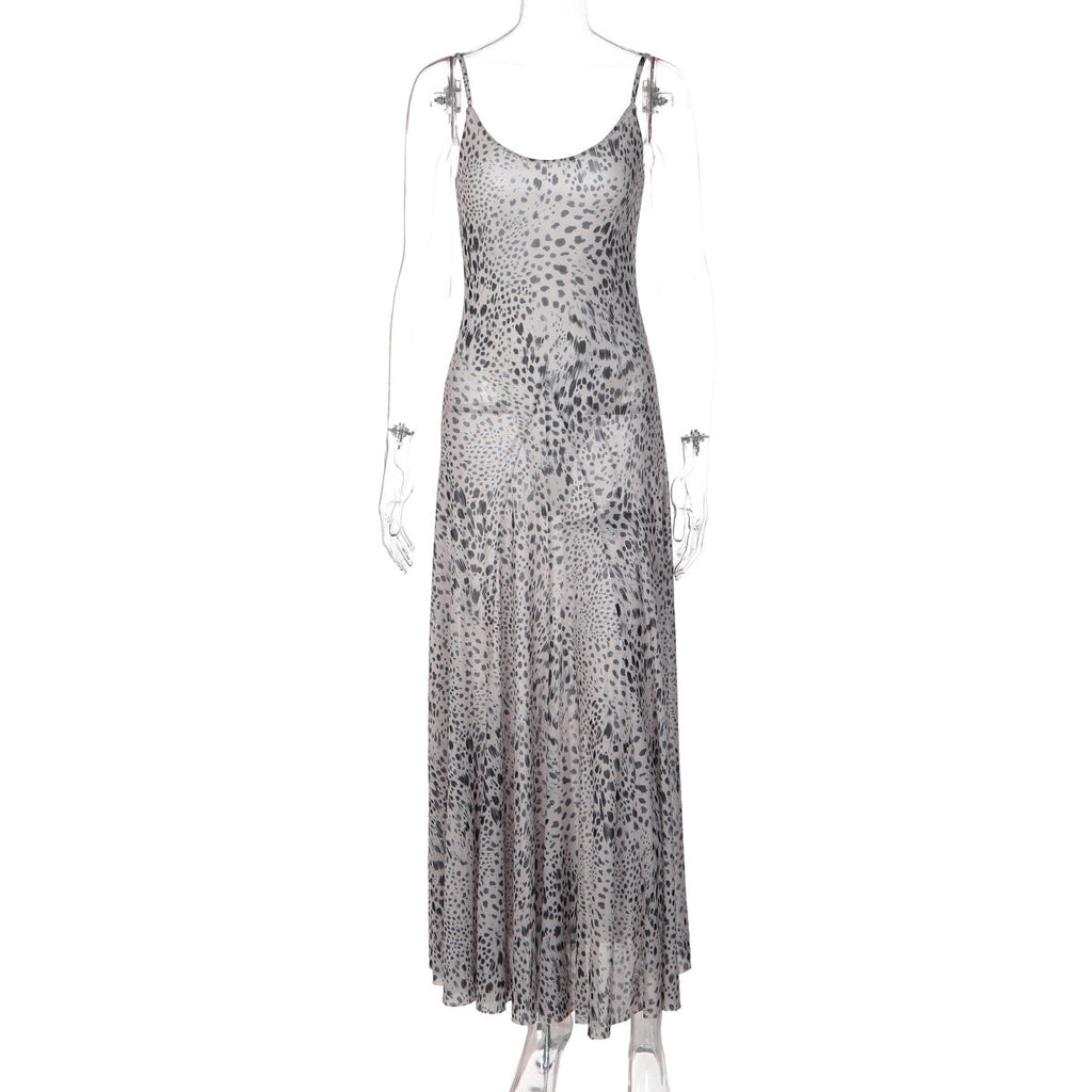 Summer Women Leopard Print Cocktail Sexy Sheer Mesh Splicing Sling One Piece Dress Ragazza
