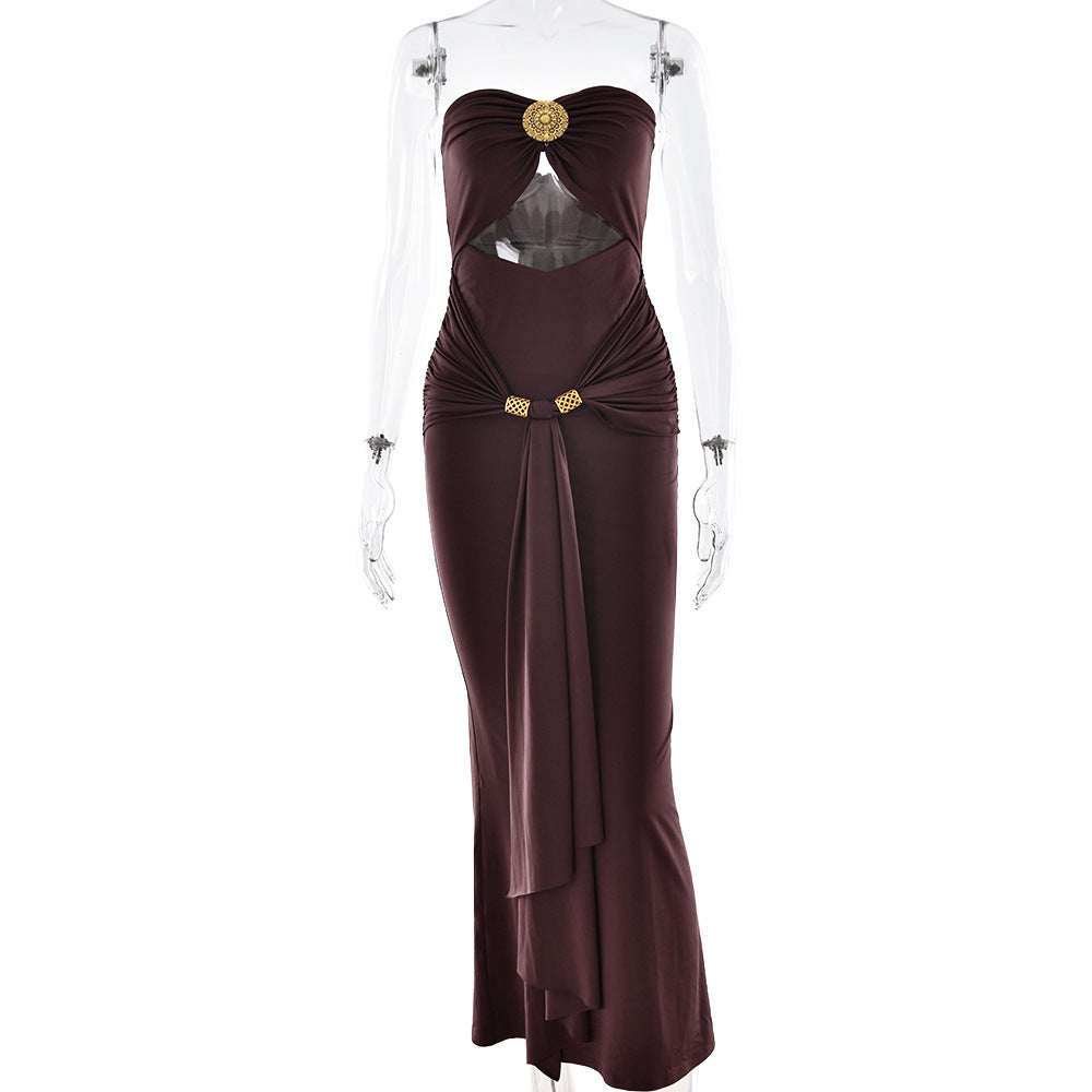 Tube Top Solid Pleated Hip Maxi Dress Bella Mia