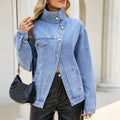 Asymmetric Oblique Placket Metal Buckle Multi Pocket Drop Shoulder Washed Denim Jacket Women Bella Mia
