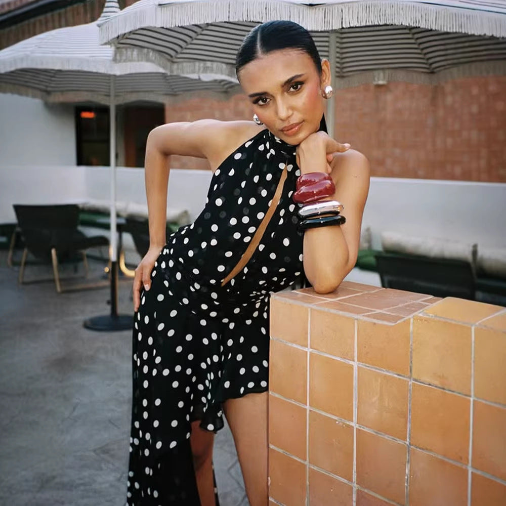 Summer Women Wear Sleeveless Halter Chest Hollow Out Cutout out All Match Polka Dot Irregular Asymmetric Mop Dress Waist Tight Dress