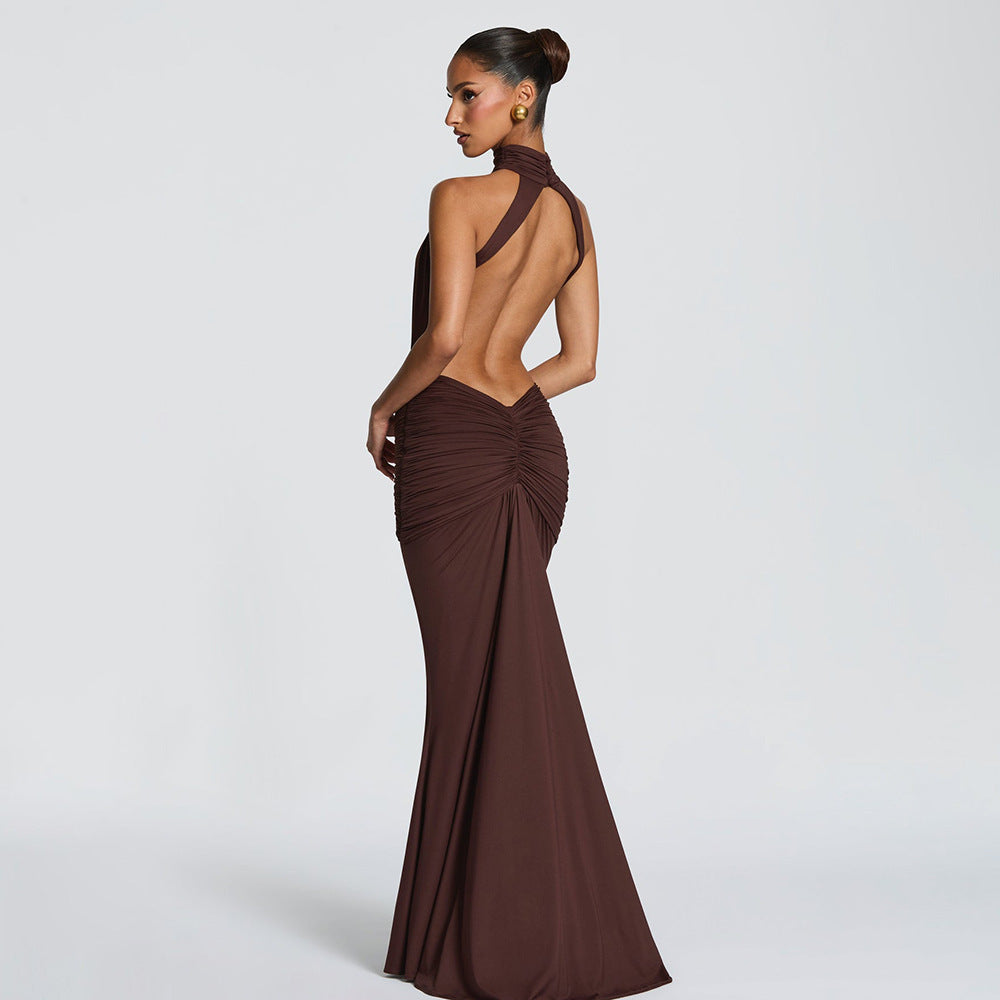 High Neck Halter Pleated Backless Maxi Dress Bella Mia