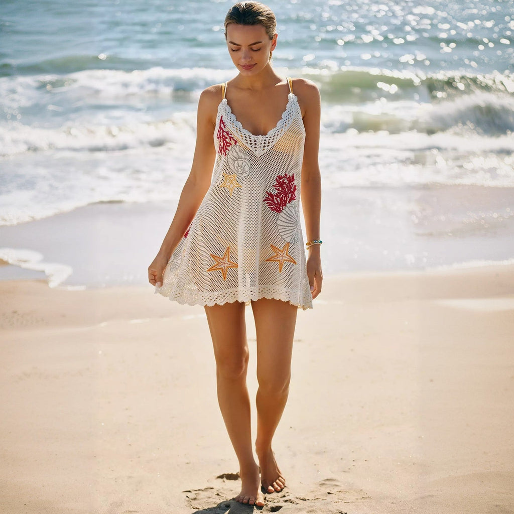 Embroidered Hollow-Out Knit Beach Cover-Up Bella Mia