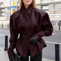 Retro Stand Collar Belted Waist-Tight Leather Jacket Bella Mia