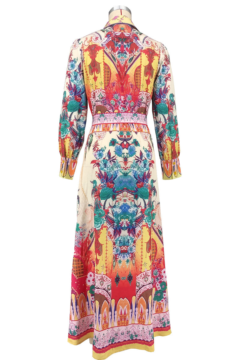 Fall Lapel Lantern-Sleeve Ethnic Print Maxi Dress