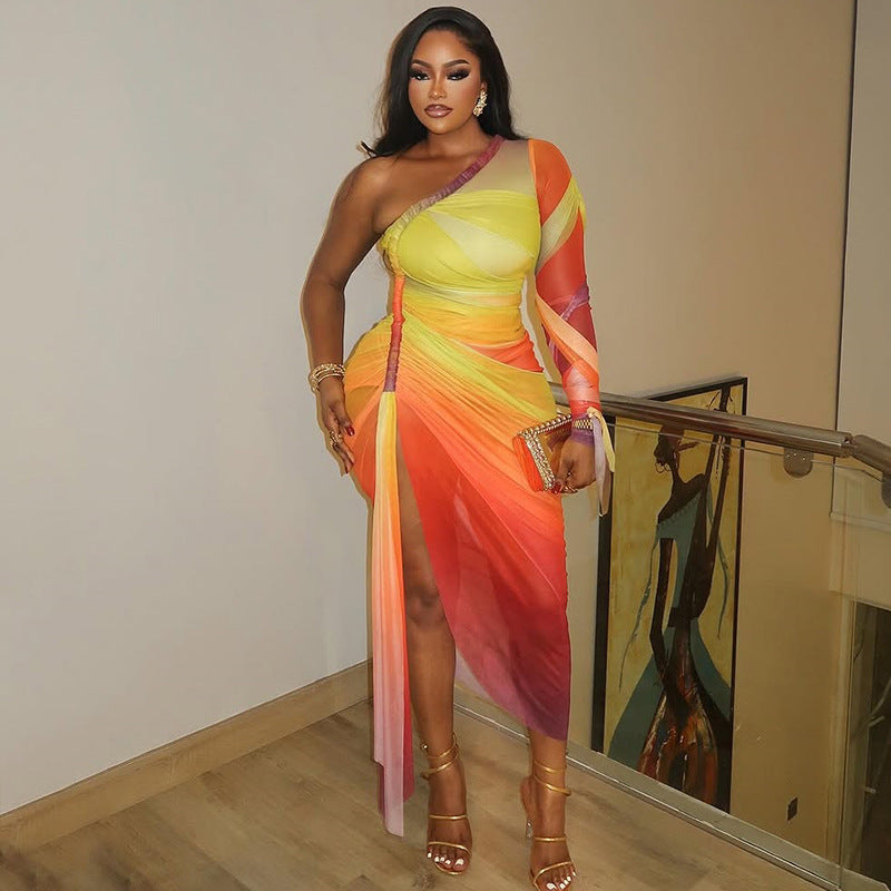 Women Clothing Pleated Color Matching Slit Slim Fitting Asymmetric Diagonal Collar Shoulder Long Sleeve Dress Ragazza