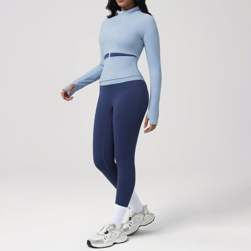 Contrast Color Yoga Women Long Sleeved Sports Bra Top Hip Lifting Tights Morning Running Step Fitness Set