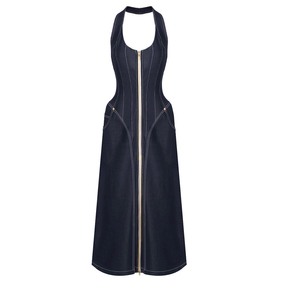 Denim Halter Sleeveless Backless Slim Sheath Dress Bella Mia