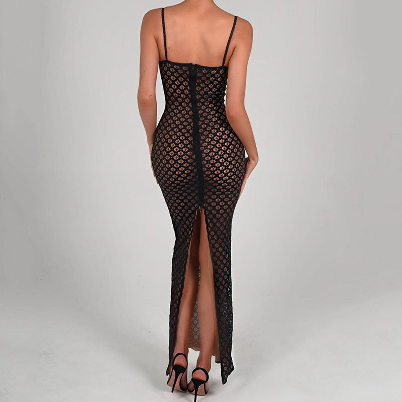 Lace Backless Polka Dot Suspender Split Tight Dress Bella Mia