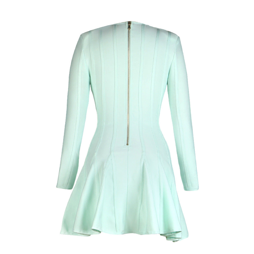 Green Long-Sleeved V neck Sexy Lion Buckle Layering Bandage Large Swing Dress Ragazza