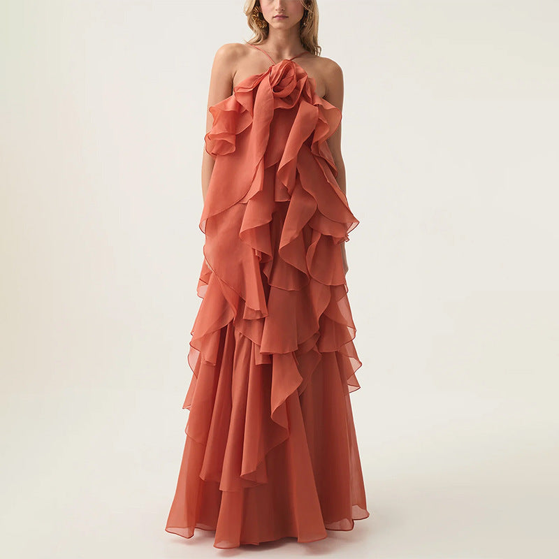 Elegant Lady Patchwork Ruffled Maxi Dress Early Spring Halter Backless Design Maxi Dress Women Bella Mia