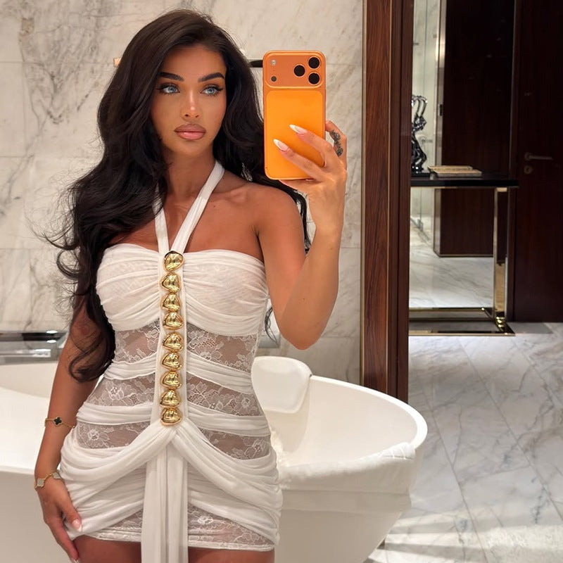 Summer Women Lace Sexy See through Ribbon Halter Dress Bella Mia
