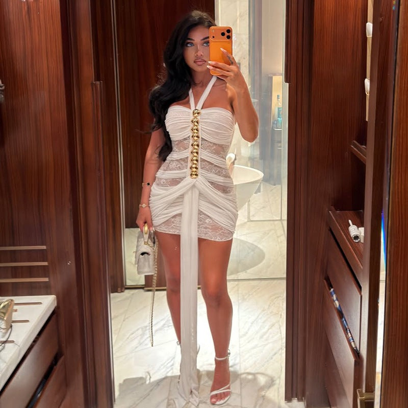 Summer Women Lace Sexy See through Ribbon Halter Dress Bella Mia