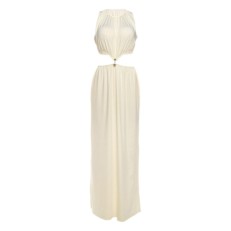 Fall Women Clothing Sexy Waist Hollow Out Cutout out Maxi Dress round Neck Sleeveless Solid Color Dress Ragazza