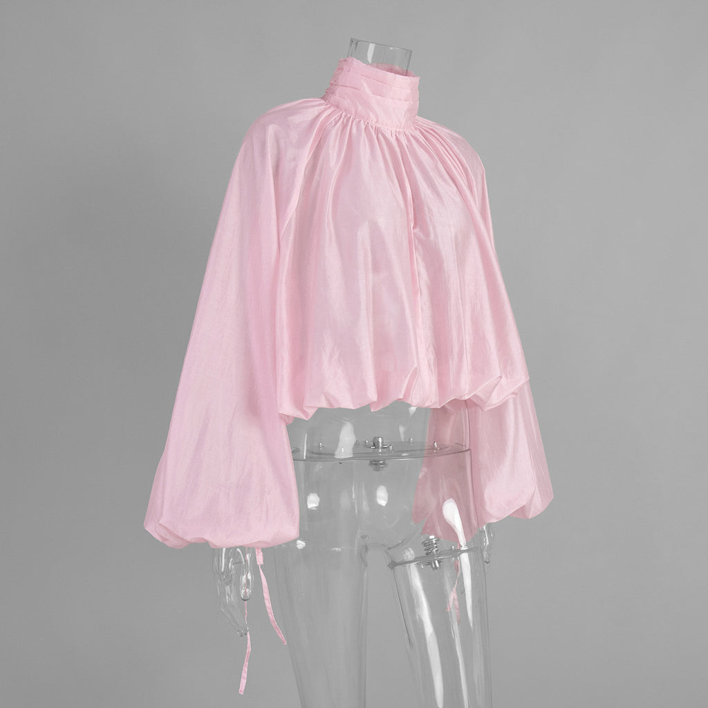 Turtleneck Long Sleeve Shirt Spring Summer Semi Transparent Lantern Sleeve Pleated Bud Turtleneck Shirt