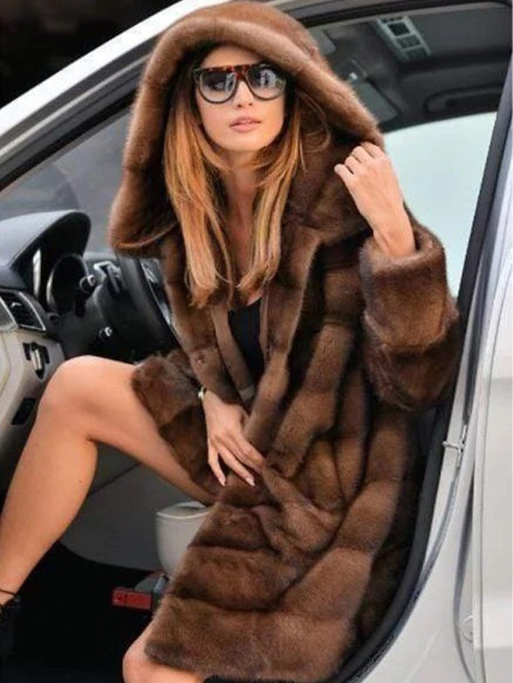 Women Artificial Mink Hair Fur Coat Mid Length Hooded Coat Fur plus Size Casual Warm