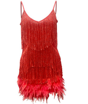 Tassel Sequ Multi Color Birthday Party Sexy V neck Strap Feather Stitching Gown Dress