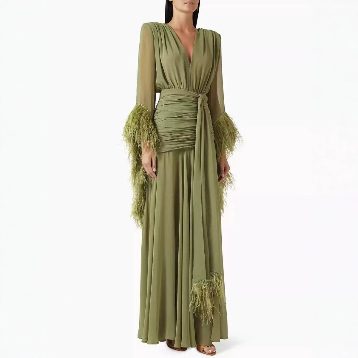 Spring Solid Color Evening Dress Long Sleeve Slim Dress