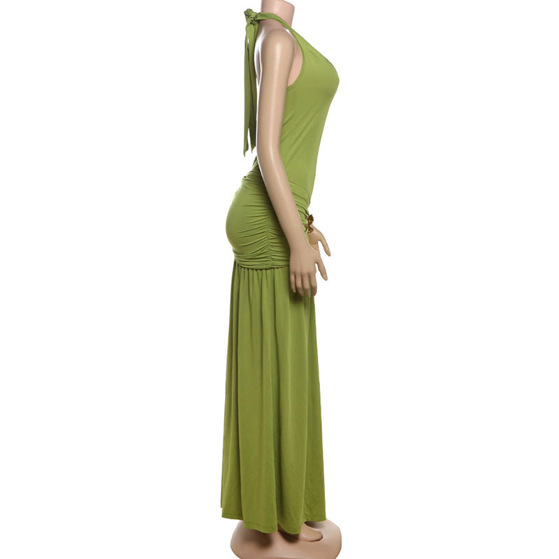 Women Clothing Summer Sexy Halter Strap Backless Slim Fit Fold Split Dress