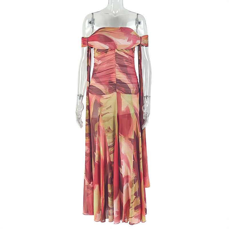 Reddish Yellow Print Off-Shoulder Ruched Bodycon Maxi Dress
