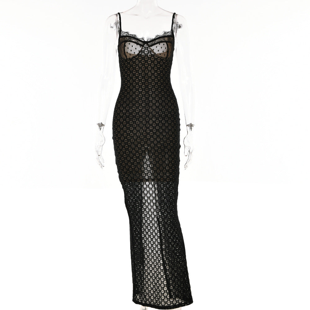 Lace Backless Polka Dot Suspender Split Tight Dress Bella Mia