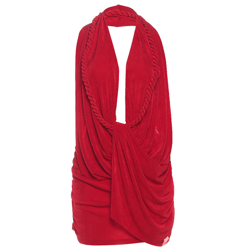 Autumn Winter Women Clothing Sexy Deep V Plunge Halter Backless Hip Solid Color Dress Ragazza