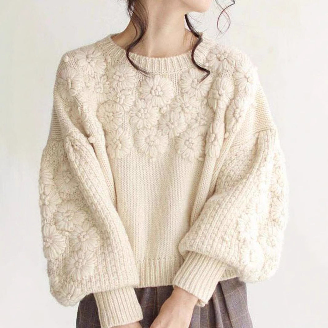 3D Daisy Embroidery Loose Round Neck Knit Pullover Bella Mia