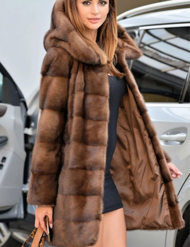 Women Artificial Mink Hair Fur Coat Mid Length Hooded Coat Fur plus Size Casual Warm