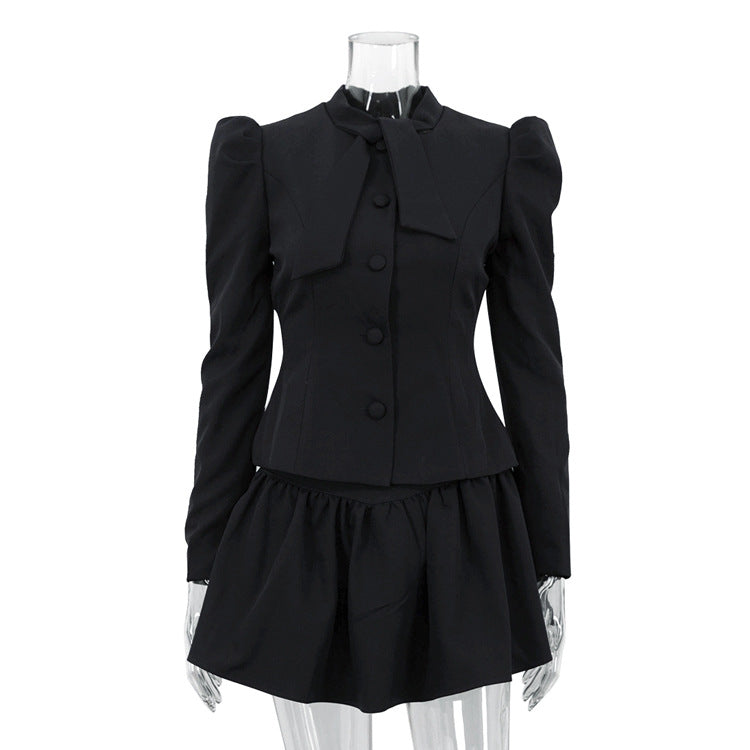Tie-Neck Ruched Long Sleeve Top & High-Rise Mini Skirt Set
