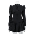 Tie-Neck Ruched Long Sleeve Top & High-Rise Mini Skirt Set