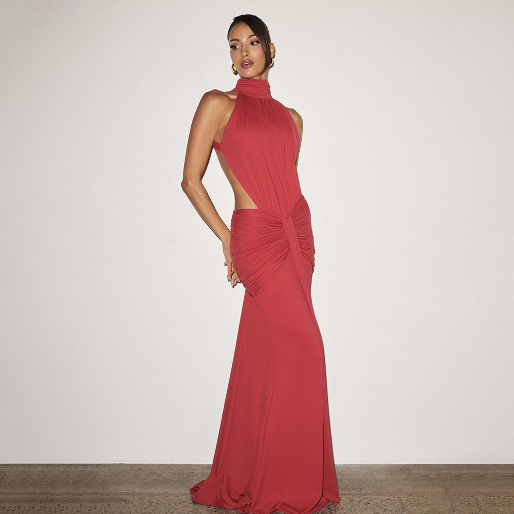 High Neck Halter Pleated Backless Maxi Dress Bella Mia