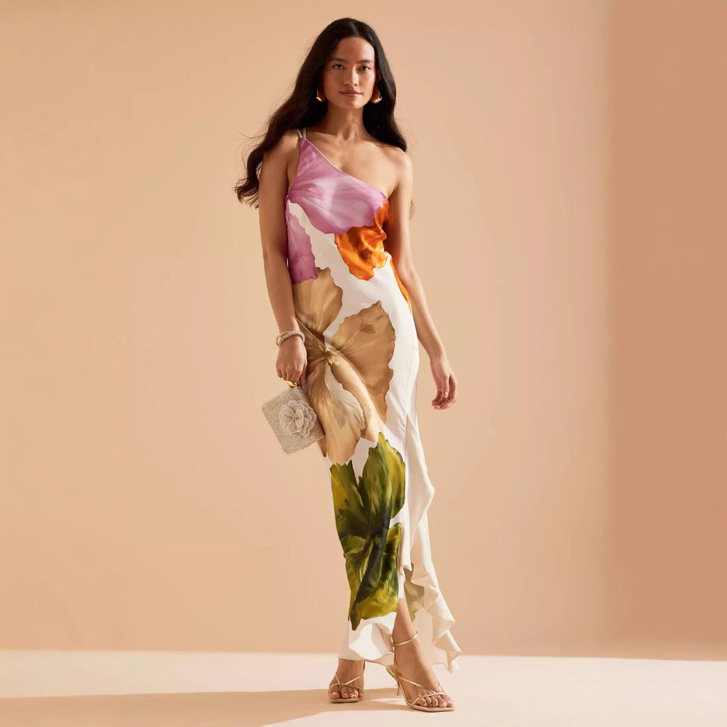 Spring Summer Oblique Shoulder Positioning Printing Dress Casual Vacation Loose Dress Ragazza