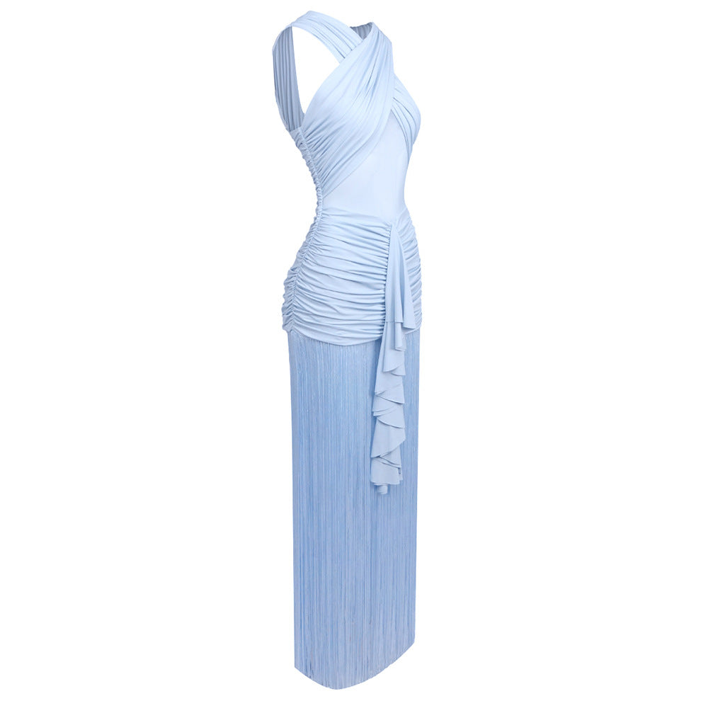 Pleated Mesh Cross-Front Dress