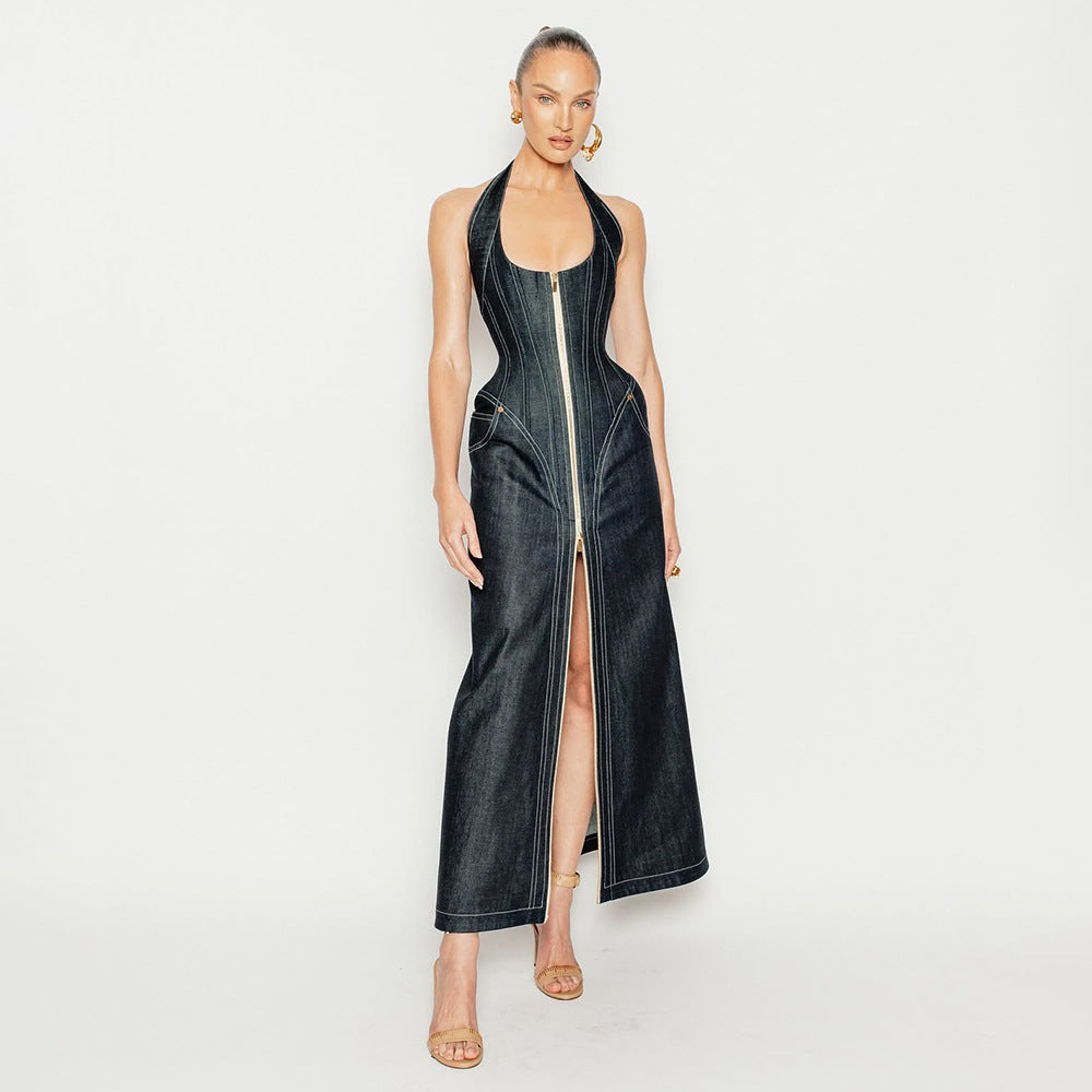 Denim Halter Sleeveless Backless Slim Sheath Dress Bella Mia