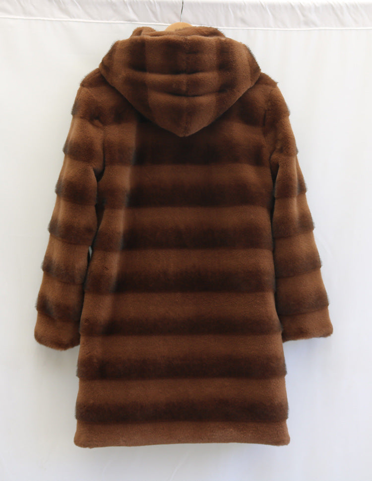Women Artificial Mink Hair Fur Coat Mid Length Hooded Coat Fur plus Size Casual Warm