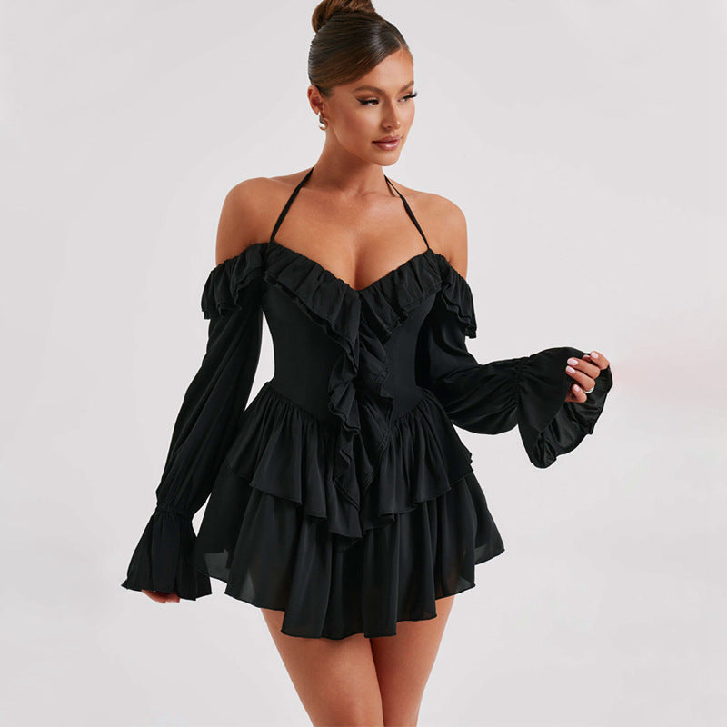 Halter Backless Ruffle Trumpet Sleeve Mini Dress