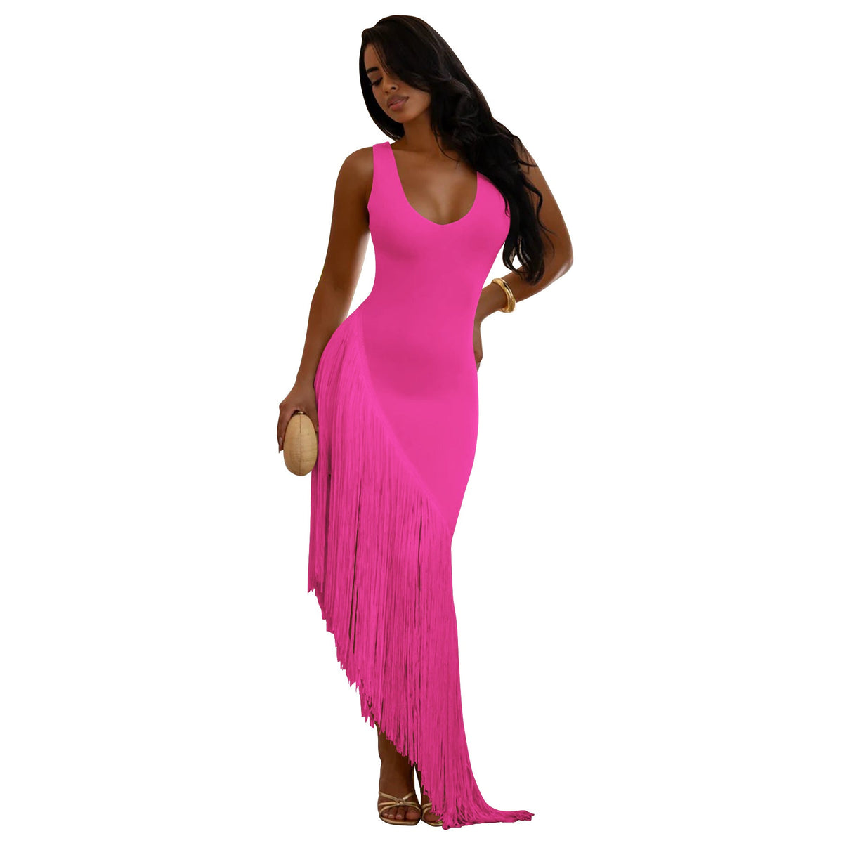Backless U-Neck Asymmetric Fringe Maxi Dress