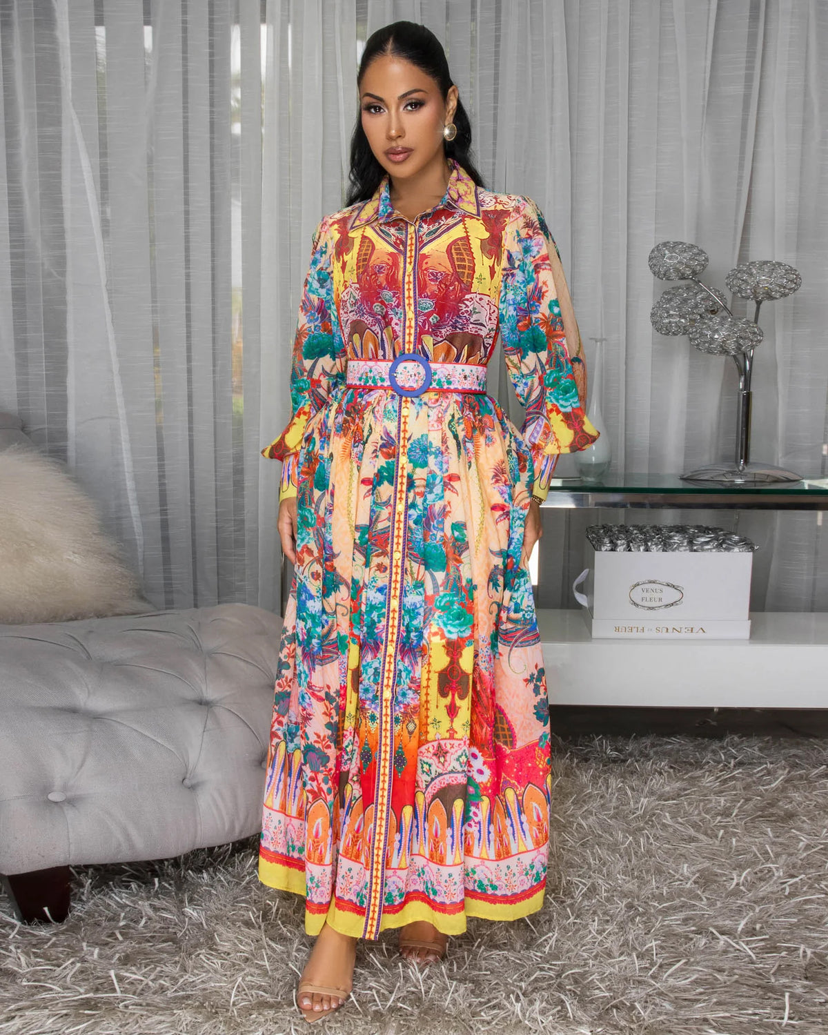 Fall Lapel Lantern-Sleeve Ethnic Print Maxi Dress