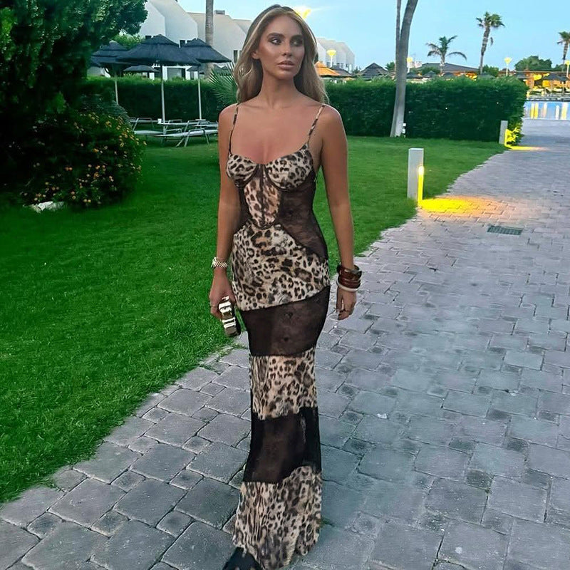 Spring Women Clothing Suspenders Leopard Print Lace Stitching Sexy See through Dress Bella Mia